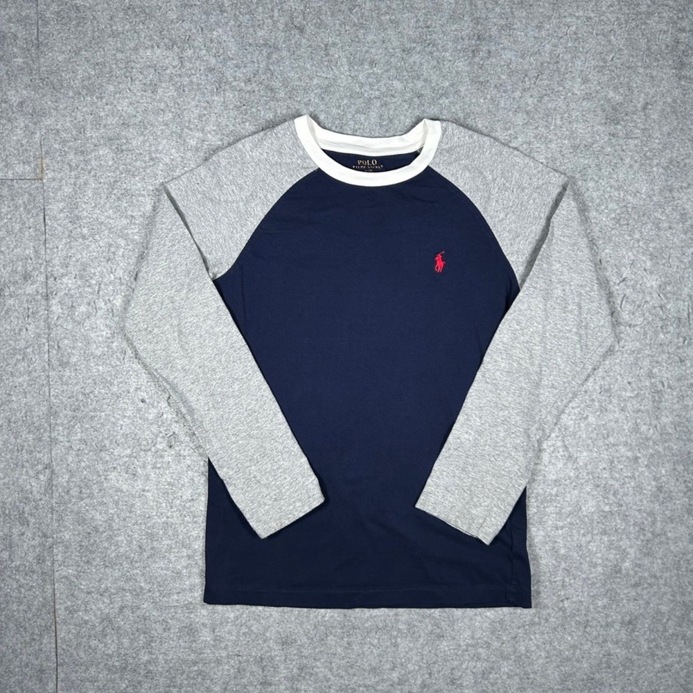 Polo Ralph Lauren Shirt boys M Blue Grey Raglan 67 Graphic Long Sleeve Tee